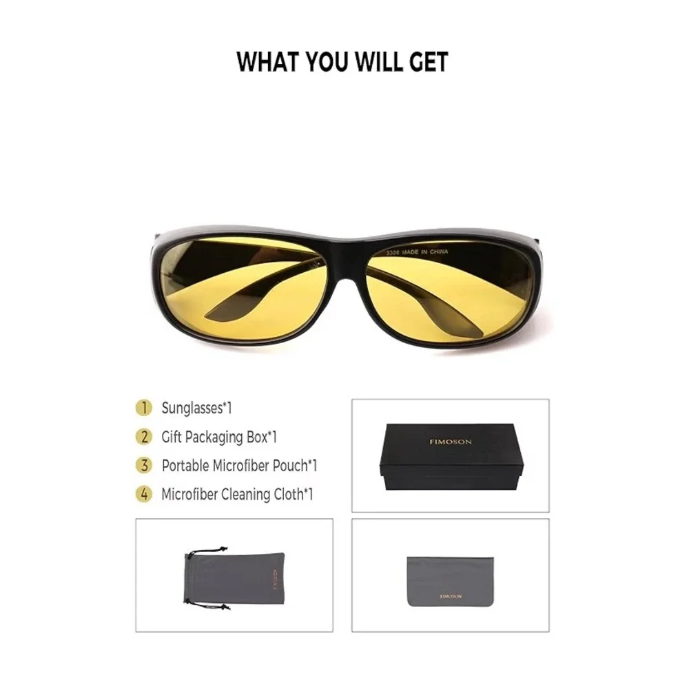 FIMOSON HD Black Polarized Night‎ Vision Glasses Fit Over Sunglasses Yellow Lens